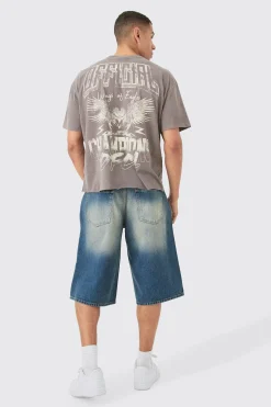 Rigid Extreme Ripped Denim Jorts In Antique Blue | BoohooMAN UK