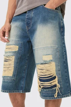 Rigid Extreme Ripped Denim Jorts In Antique Blue | BoohooMAN UK