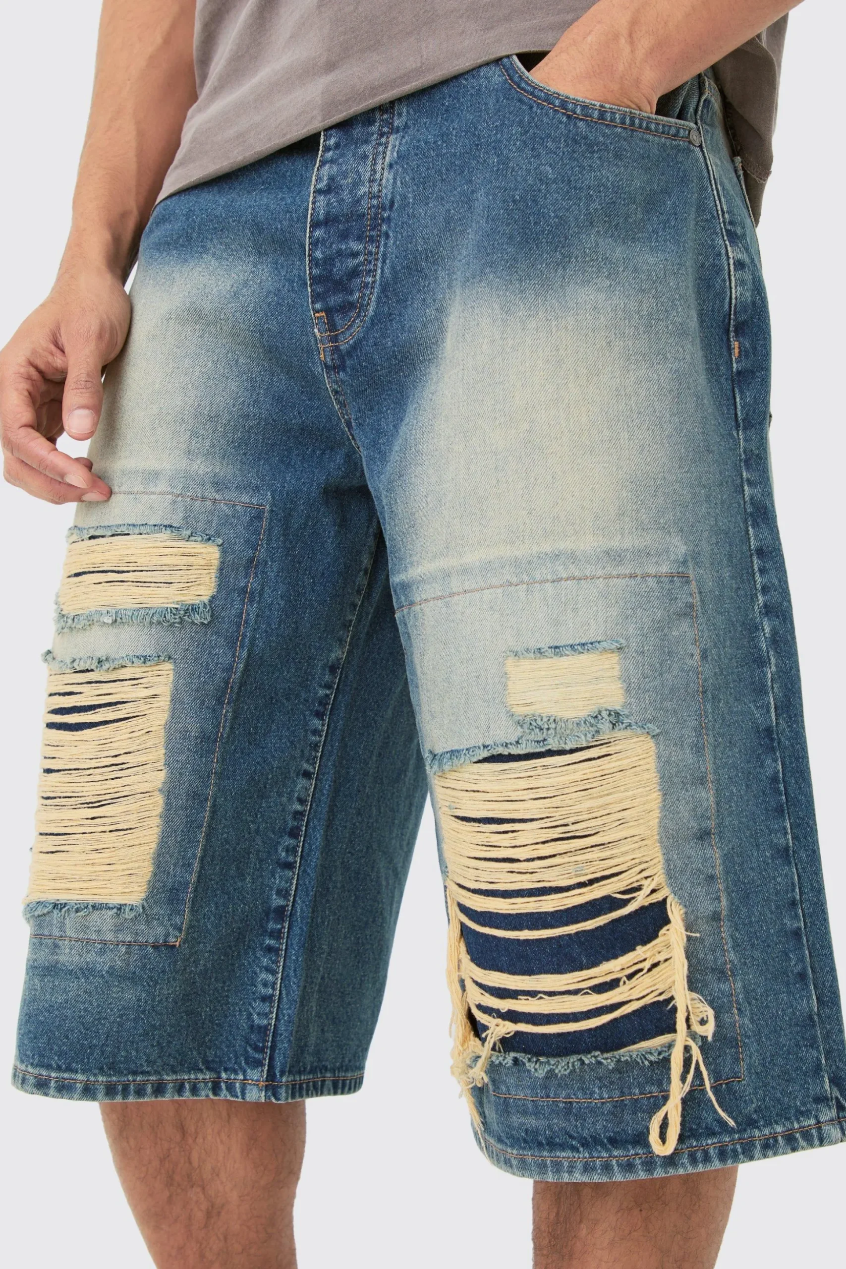 Rigid Extreme Ripped Denim Jorts In Antique Blue | BoohooMAN UK