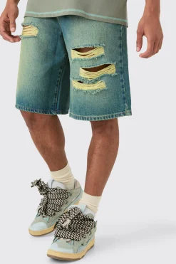 Rigid Knee Rip Tinted Denim Jorts | BoohooMAN UK