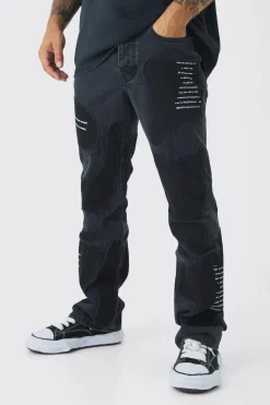 Rigid Slim Flare Patchwork Applique Jeans | BoohooMAN UK