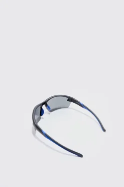 Rimless Racer Sunglasses In Blue | BoohooMAN UK