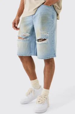 Ripped Dirty Wash Denim Jorts In Light Blue | BoohooMAN UK