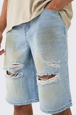 Ripped Dirty Wash Denim Jorts In Light Blue | BoohooMAN UK