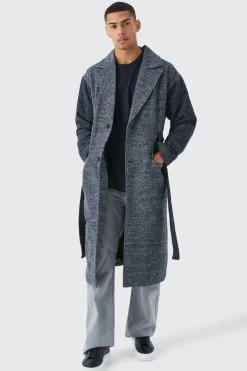 Salt & Pepper Contrast Sleeve Belted Overcoat | BoohooMAN UK