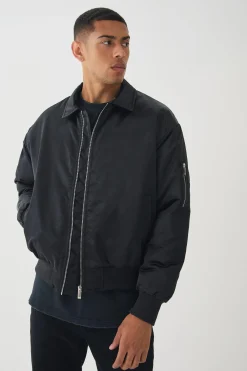 Satin Collared Bomber Jacket In Black | BoohooMAN UK