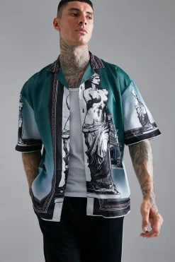 Satin Oversized Revere Statue Border Shirt | BoohooMAN UK
