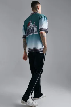 Satin Oversized Revere Statue Border Shirt | BoohooMAN UK