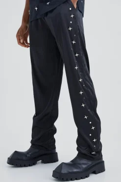Satin Straight Leg Trouser With Embellishment | BoohooMAN UK
