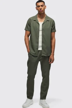 Seersucker Revere Collar Shirt & Trouser Set | BoohooMAN UK