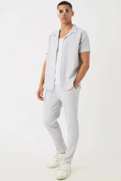 Seersucker Revere Collar Shirt & Trouser Set | BoohooMAN UK