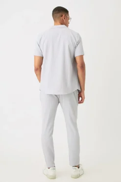Seersucker Revere Collar Shirt & Trouser Set | BoohooMAN UK