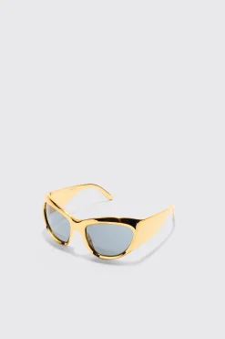 Shield Lens Metallic Frame Sunglasses | BoohooMAN UK