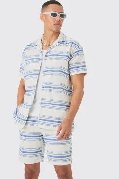 Short Sleeve Aztec Stripe Oversized Shirt & Short Set | BoohooMAN UK