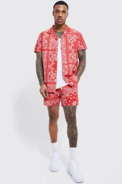 Short Sleeve Bandana Swirl Shirt And Swim Short | BoohooMAN UK