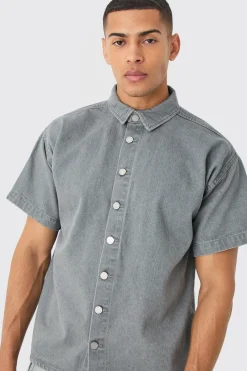 Short Sleeve Boxy Fit Denim Shirt | BoohooMAN UK