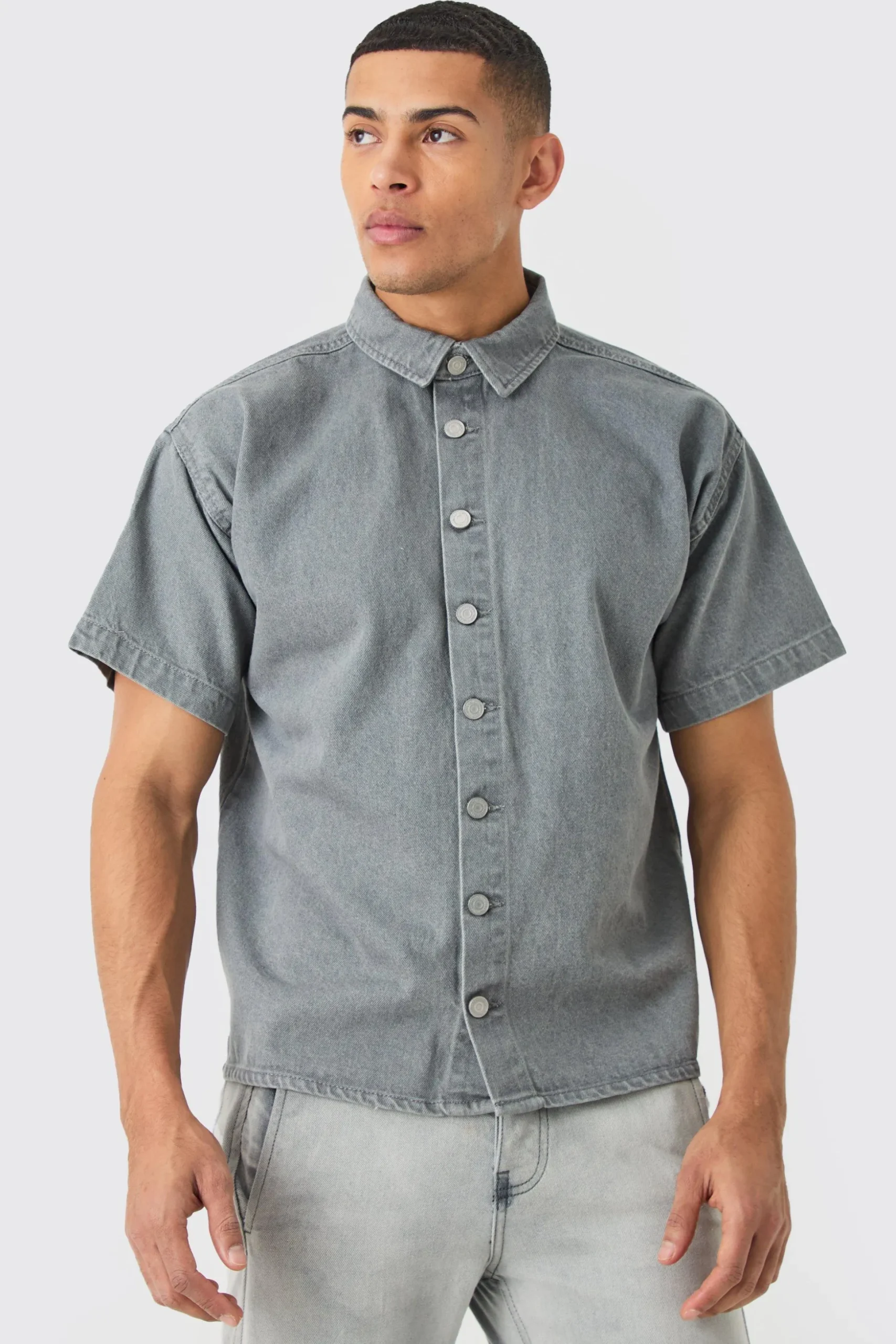 Short Sleeve Boxy Fit Denim Shirt | BoohooMAN UK