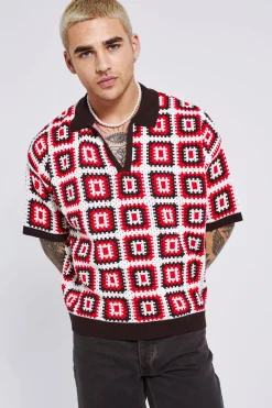 Short Sleeve Boxy Fit Revere Crochet Polo | BoohooMAN UK