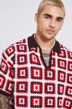 Short Sleeve Boxy Fit Revere Crochet Polo | BoohooMAN UK