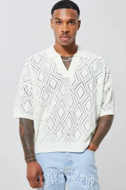 Short Sleeve Boxy Fit Revere Open Knit Polo | BoohooMAN UK