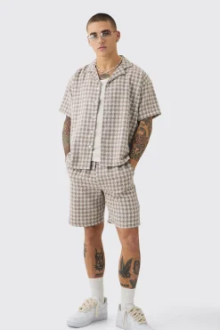 Short Sleeve Boxy Linen Look Houndstooth Shirt & Short | BoohooMAN UK