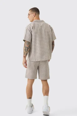 Short Sleeve Boxy Linen Look Houndstooth Shirt & Short | BoohooMAN UK