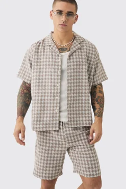 Short Sleeve Boxy Linen Look Houndstooth Shirt & Short | BoohooMAN UK