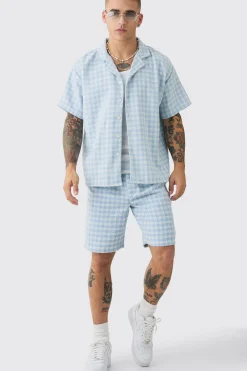Short Sleeve Boxy Linen Look Houndstooth Shirt & Short | BoohooMAN UK