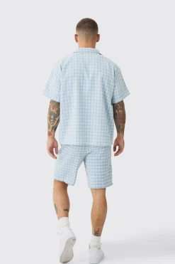 Short Sleeve Boxy Linen Look Houndstooth Shirt & Short | BoohooMAN UK