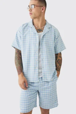 Short Sleeve Boxy Linen Look Houndstooth Shirt & Short | BoohooMAN UK