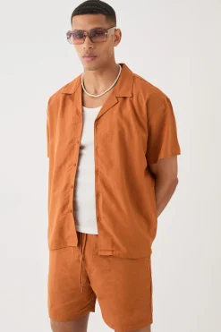 Short Sleeve Boxy Linen Shirt & Short Set | BoohooMAN UK