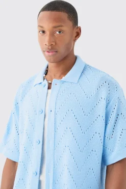Short Sleeve Boxy Open Stitch Knitted Shirt | BoohooMAN UK