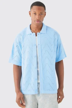 Short Sleeve Boxy Open Stitch Knitted Shirt | BoohooMAN UK