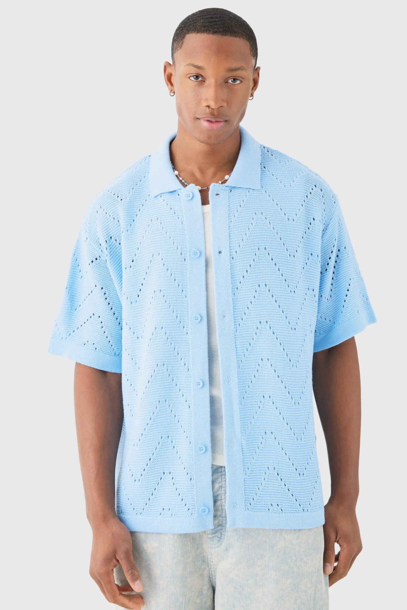 Short Sleeve Boxy Open Stitch Knitted Shirt | BoohooMAN UK