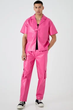 Short Sleeve Boxy Revere Button Pu Shirt & Trouser Set | BoohooMAN UK