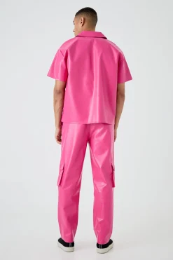 Short Sleeve Boxy Revere Button Pu Shirt & Trouser Set | BoohooMAN UK