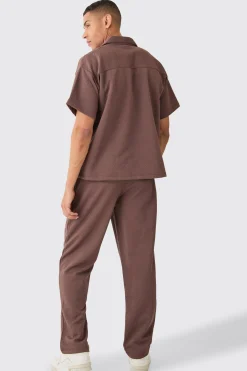 Short Sleeve Boxy Textured Stretch Shirt & Trouser | BoohooMAN UK