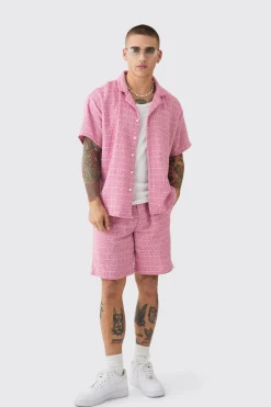 Short Sleeve Boxy Textured Check Shirt & Short | BoohooMAN UK