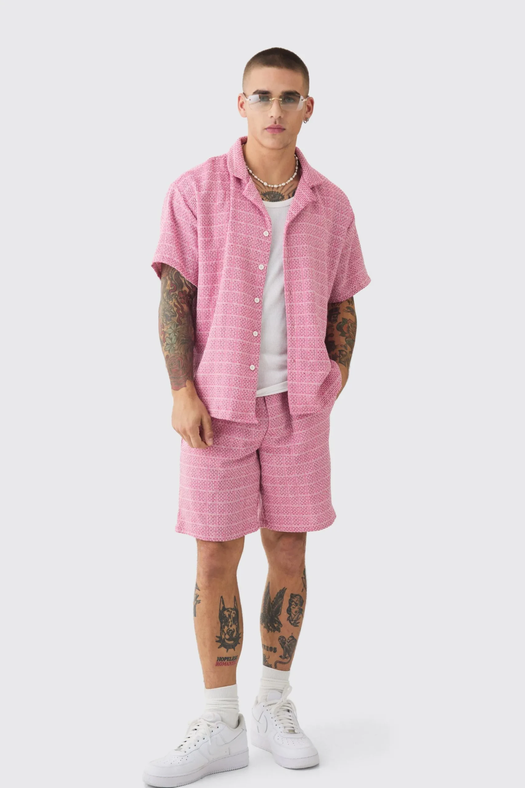 Short Sleeve Boxy Textured Check Shirt & Short | BoohooMAN UK