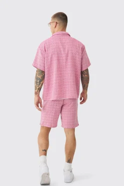 Short Sleeve Boxy Textured Check Shirt & Short | BoohooMAN UK
