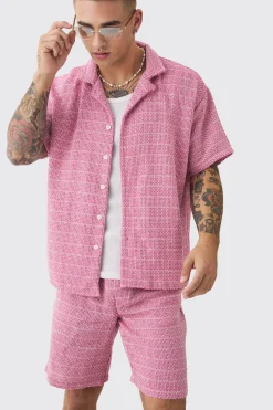 Short Sleeve Boxy Textured Check Shirt & Short | BoohooMAN UK