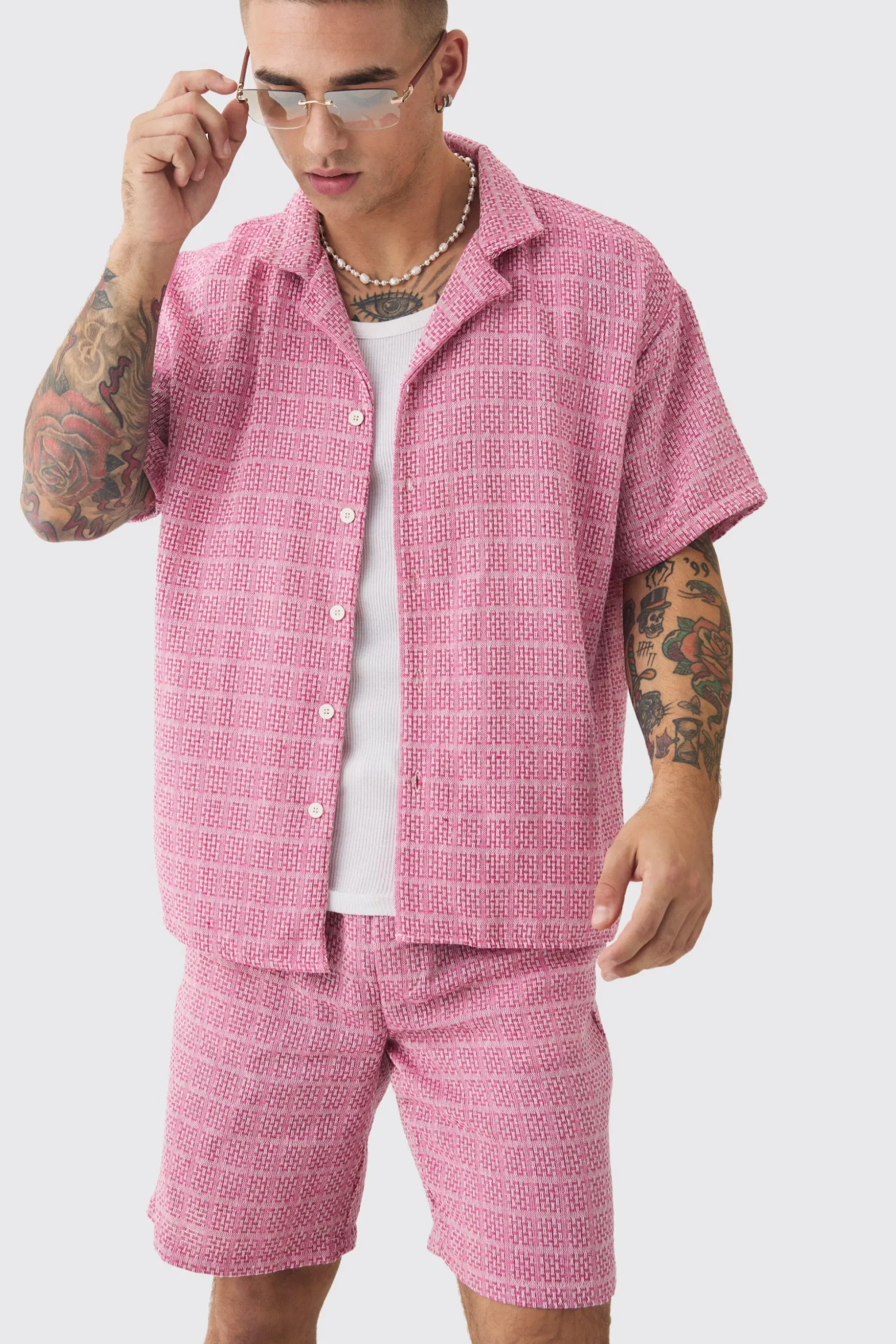 Short Sleeve Boxy Textured Check Shirt & Short | BoohooMAN UK