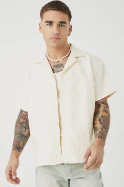 Short Sleeve Boxy Tonal Texture Shirt | BoohooMAN UK