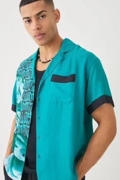 Short Sleeve Boxy Viscose Spliced Statue Shirt | BoohooMAN UK