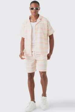 Short Sleeve Boxy Woven Stripe Shirt & Short Set | BoohooMAN UK