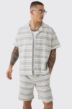 Short Sleeve Boxy Woven Stripe Shirt & Short | BoohooMAN UK