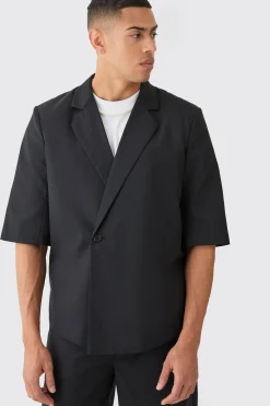 Short Sleeve Boxy Wrap Blazer | BoohooMAN UK