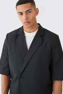 Short Sleeve Boxy Wrap Blazer | BoohooMAN UK