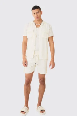 Short Sleeve Cargo Pocket Shirt & Swim Set | BoohooMAN UK