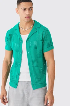 Short Sleeve Checkerboard Open Stitch Shirt In Green | BoohooMAN UK